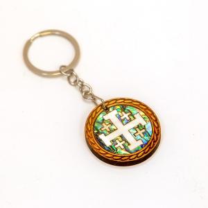 Circular Keychain With Mother Of Pearl And Abalone Jerusalem Cross