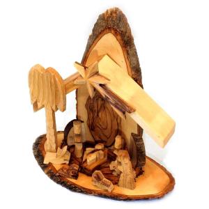 Nativity Scene With Tree Bark Olive Wood Made In Bethlehem