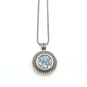 Roman Glass Round Pendant With Filigree Sterling Silver Frame Made In Israel