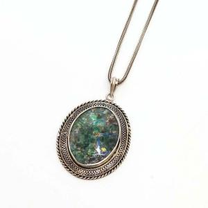 Roman Glass and Sterling Silver Filigree Pendant From The Holy Lands