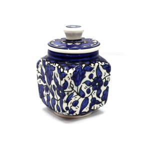 Hand Painted Ceramic Pot With Dark Blue Flowers From The Holy Land